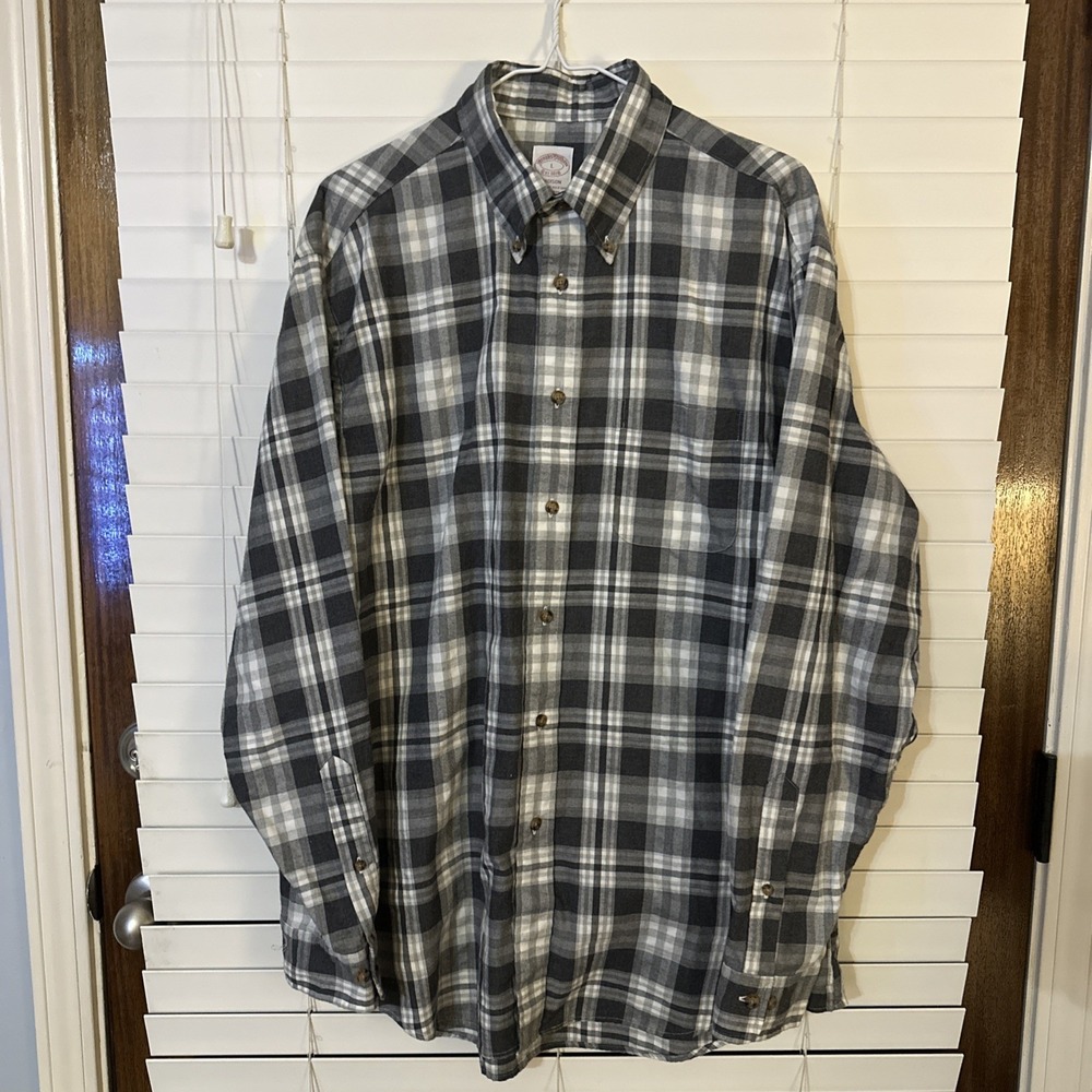 Brooks Brothers Mens Madison Grey Check Flannel‎ Button Up Shirt Size Large